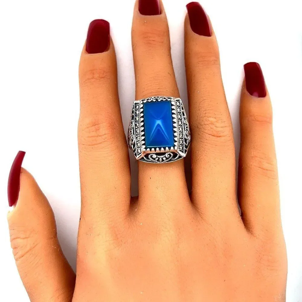Large Sterling Silver 925‎ Blue Stone/Marcasite Ring